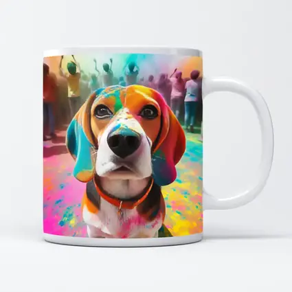 Beagle Dog Covered in Colorful Holi Powder