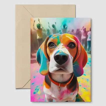 Beagle Dog Covered in Colorful Holi Powder