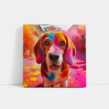 Beagle Dog Covered in Colorful Holi Powder