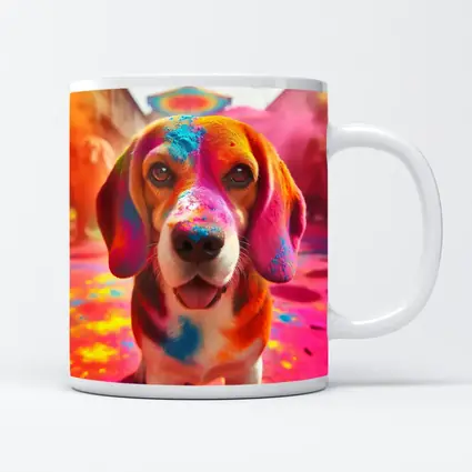 Beagle Dog Covered in Colorful Holi Powder
