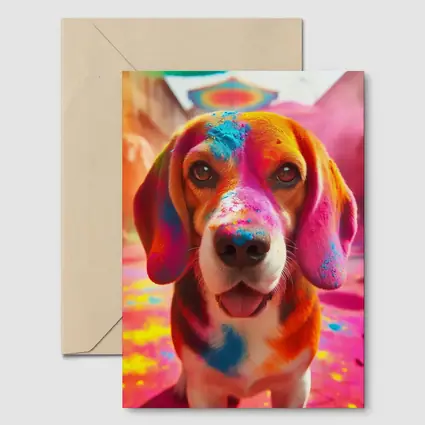 Beagle Dog Covered in Colorful Holi Powder