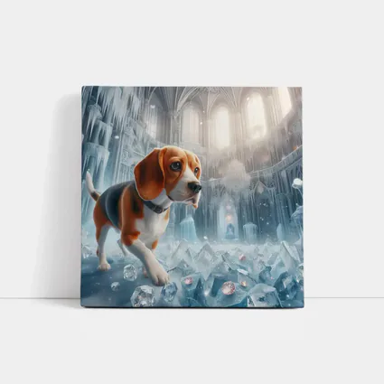 Beagle Puppy Exploring Frozen Ice Castle