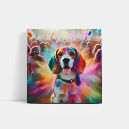 Beagle Dog Covered In Colorful Holi Powder