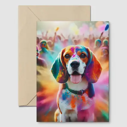 Beagle Dog Covered In Colorful Holi Powder