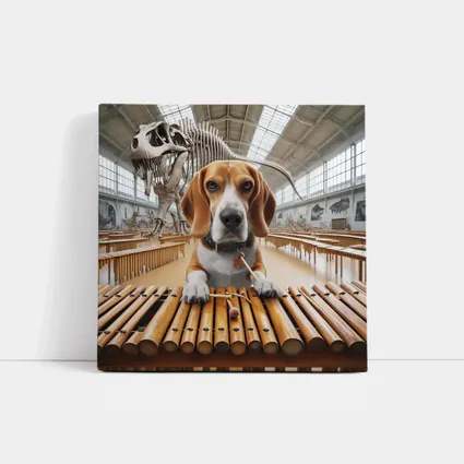 Beagle Playing Marimba in Dinosaur Museum