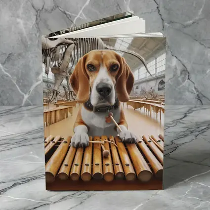 Beagle Playing Marimba in Dinosaur Museum