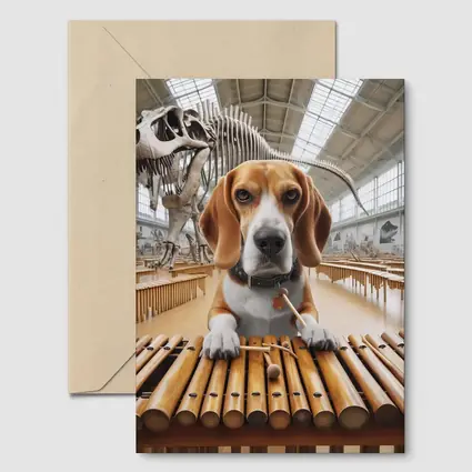 Beagle Playing Marimba in Dinosaur Museum