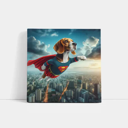 Beagle Superhero Flying Over City Skyline