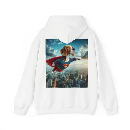 Beagle Superhero Flying Over City Skyline