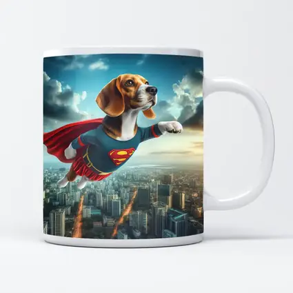Beagle Superhero Flying Over City Skyline