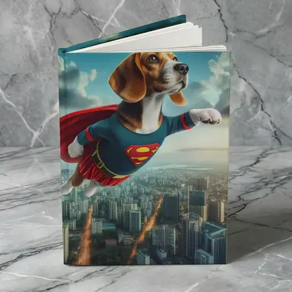 Beagle Superhero Flying Over City Skyline