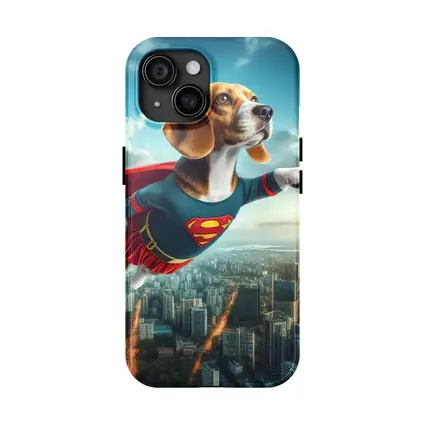 Beagle Superhero Flying Over City Skyline