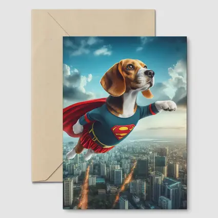 Beagle Superhero Flying Over City Skyline