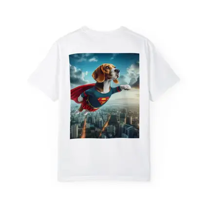 Beagle Superhero Flying Over City Skyline