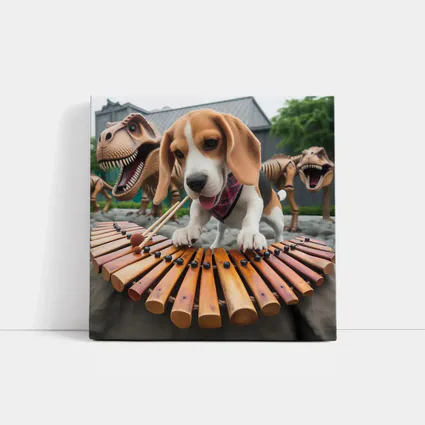 Beagle Puppy Playing Xylophone With Dinosaurs