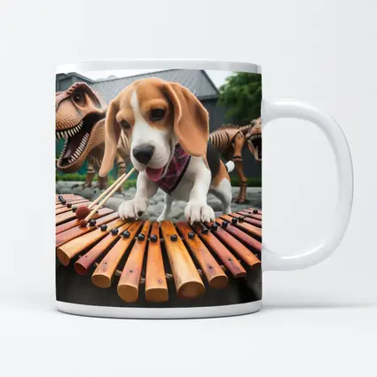 Beagle Puppy Playing Xylophone With Dinosaurs