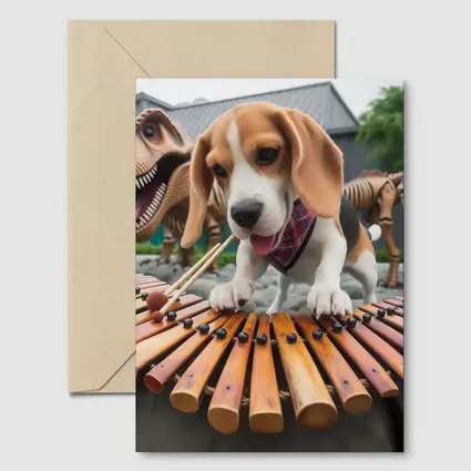 Beagle Puppy Playing Xylophone With Dinosaurs