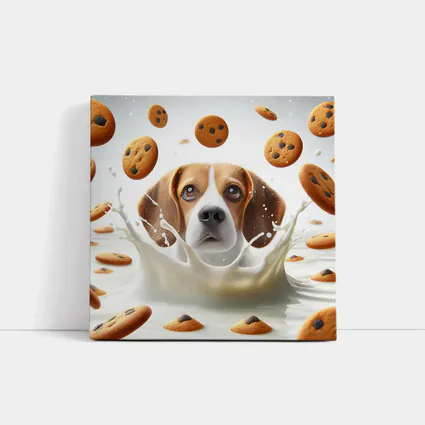 Beagle Dog Splashing in Milk with Cookies