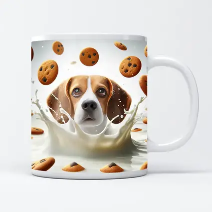 Beagle Dog Splashing in Milk with Cookies