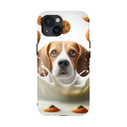 Beagle Dog Splashing in Milk with Cookies