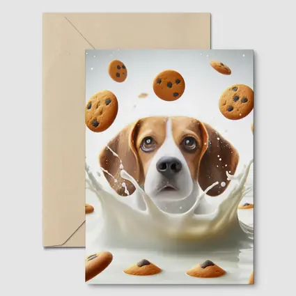 Beagle Dog Splashing in Milk with Cookies