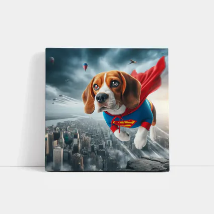 Beagle Superhero Flying Over City Skyline