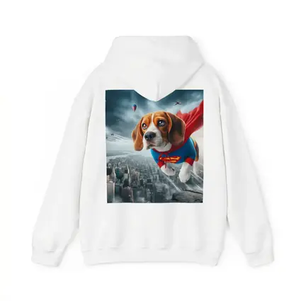 Beagle Superhero Flying Over City Skyline