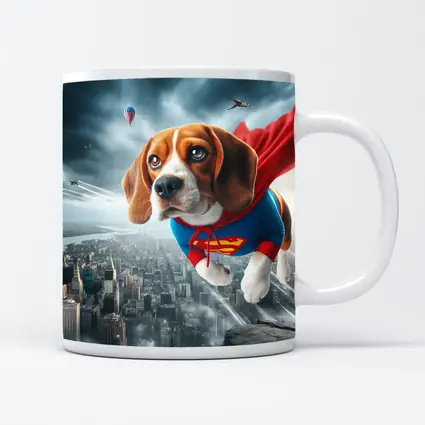 Beagle Superhero Flying Over City Skyline