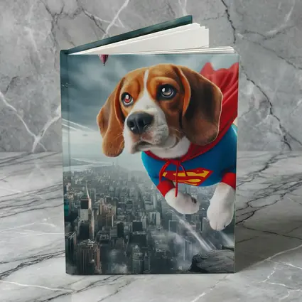 Beagle Superhero Flying Over City Skyline