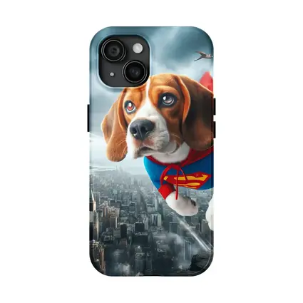 Beagle Superhero Flying Over City Skyline