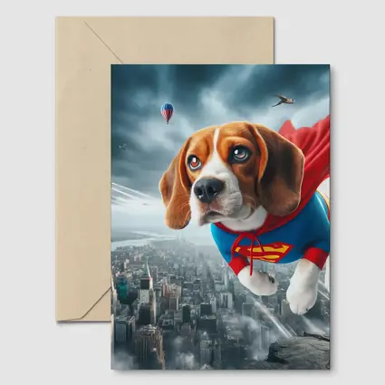 Beagle Superhero Flying Over City Skyline