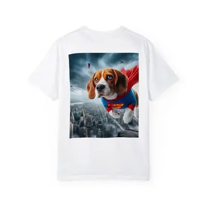 Beagle Superhero Flying Over City Skyline