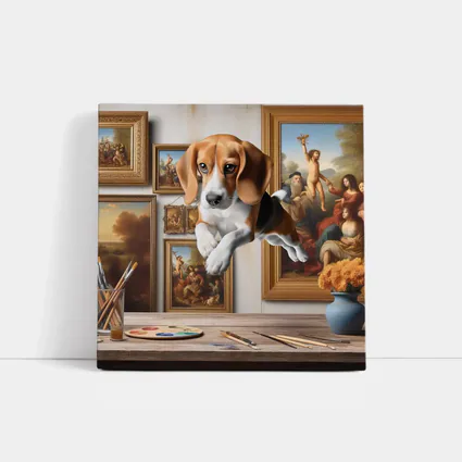 Beagle Puppy Leaping Through Art Studio