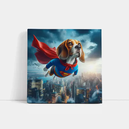 Beagle Dog Superhero Flying Over City