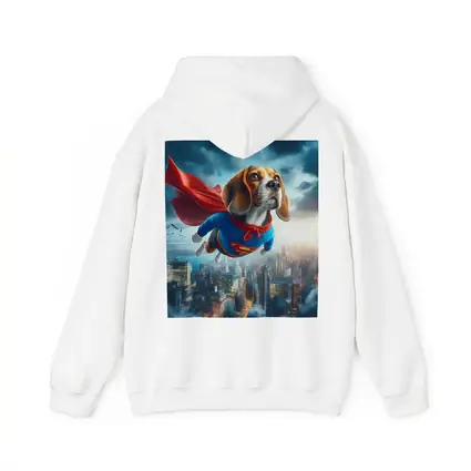 Beagle Dog Superhero Flying Over City