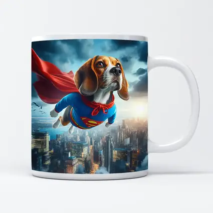 Beagle Dog Superhero Flying Over City