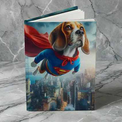 Beagle Dog Superhero Flying Over City