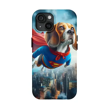 Beagle Dog Superhero Flying Over City