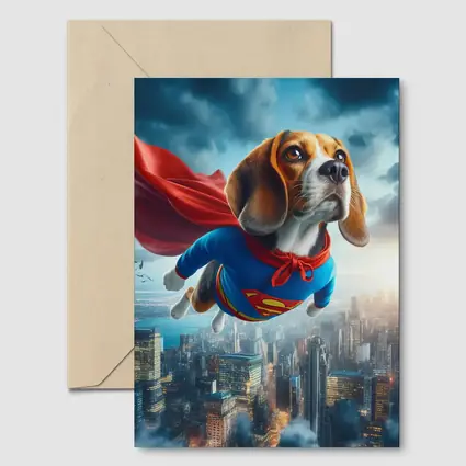 Beagle Dog Superhero Flying Over City