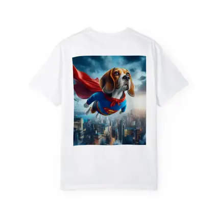 Beagle Dog Superhero Flying Over City