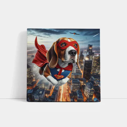 Superhero Beagle Flying Over City Skyline