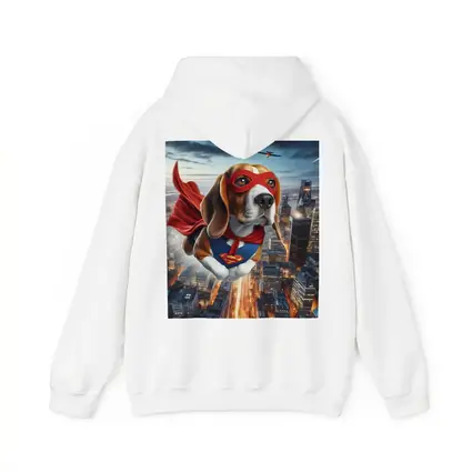 Superhero Beagle Flying Over City Skyline