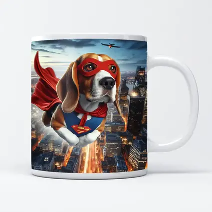 Superhero Beagle Flying Over City Skyline