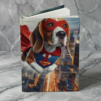 Superhero Beagle Flying Over City Skyline