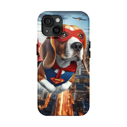 Superhero Beagle Flying Over City Skyline