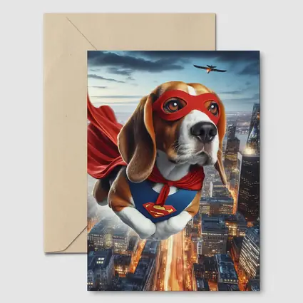Superhero Beagle Flying Over City Skyline