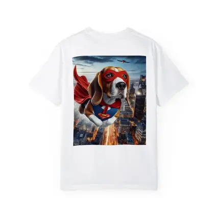 Superhero Beagle Flying Over City Skyline