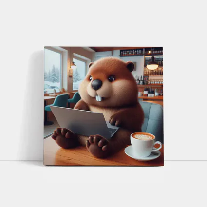 Cartoon Beaver Working On Laptop In Cafe