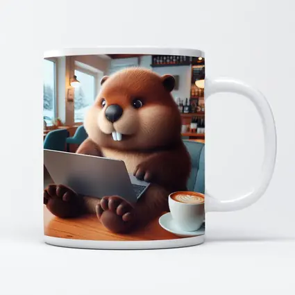 Cartoon Beaver Working On Laptop In Cafe