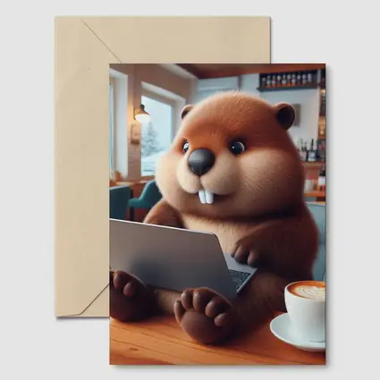 Cartoon Beaver Working On Laptop In Cafe